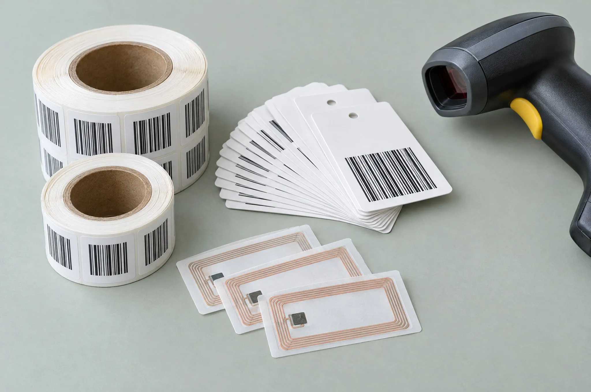 Barcode sticker rolls, price tickets and RFID labels beside a handheld scanner