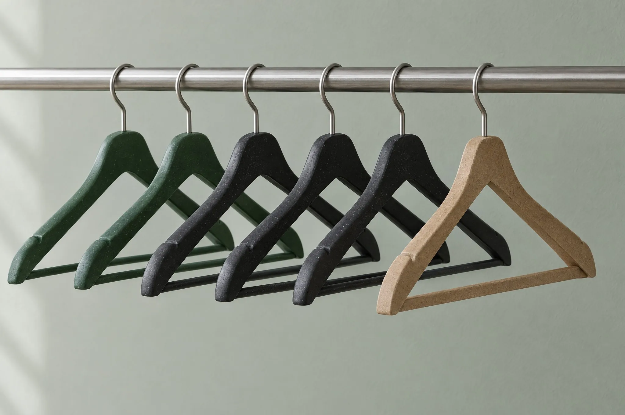 A row of recycled-plastic hangers in forest green and black beside two paperboard hangers